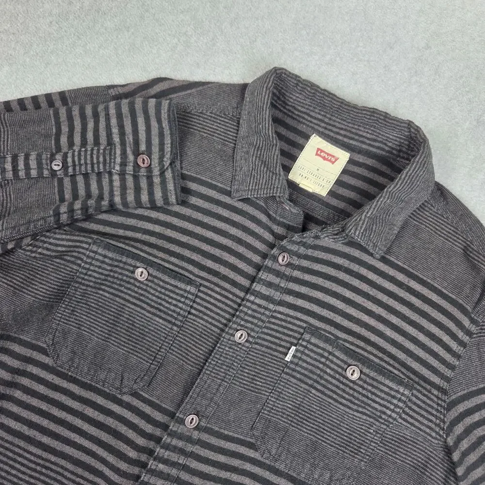 Levi's Mens Medium Black Gray Stripe Long Sleeve Flannel Button Down Shirt - Picture 1 of 13